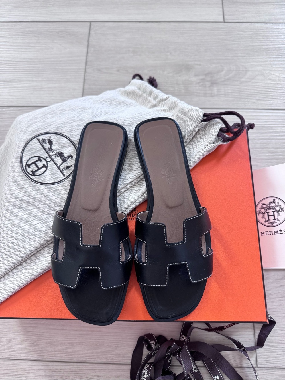 Hermes Black Oran Sandals 34.5